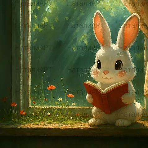 Уютное утро с книжкой — милый зайка у окна на фоне лесного света