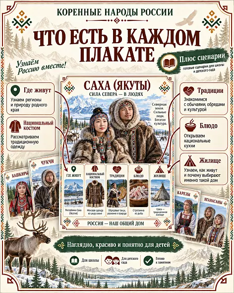 Народы России — большой готовый комплект из 47 плакатов + постер «Единство народов России»