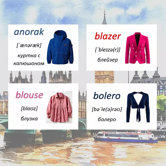 Карточки по английскому языку на тему "Outerwear (Верхняя одежда)". С транскрипцией. 37 штук.