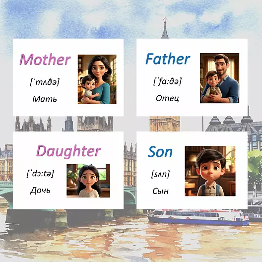 Карточки по английскому языку на тему "My Family (Моя семья)". С транскрипцией. 33 штуки.
