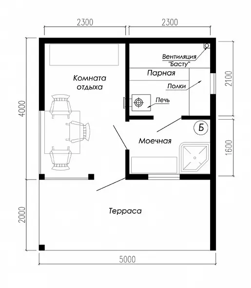 Проект каркасной бани в стиле барнхаус D-65